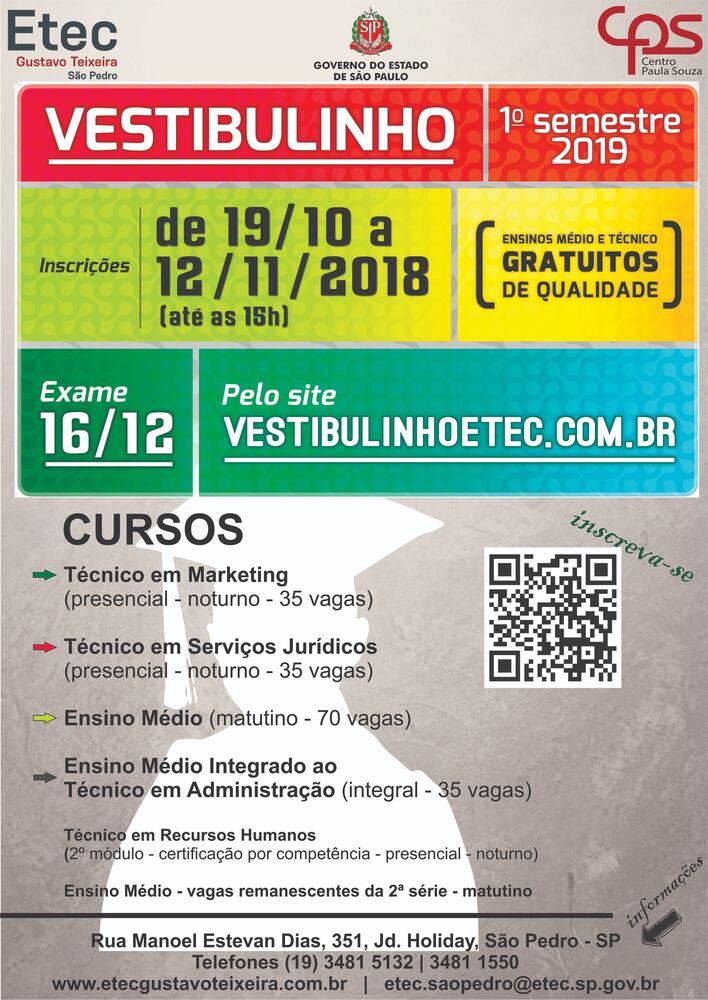 INSCRIÇÕES PARA O VESTIBULINHO DA ETEC GUSTAVO TEIXEIRA ESTÃO ABERTAS