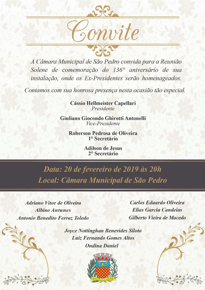 CONVITE - REUNIÃO SOLENE DE COMEMORAÇÃO DO 136º ANIVERSÁRIO DE INSTALAÇÃO DA CÂMARA MUNICIPAL