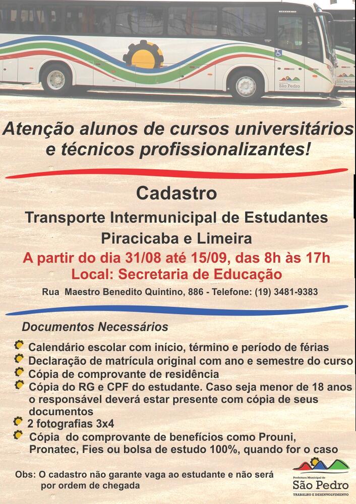 CADASTRO PARA TRANSPORTE DE ESTUDANTES COMEÇA NESTA SEGUNDA-FEIRA